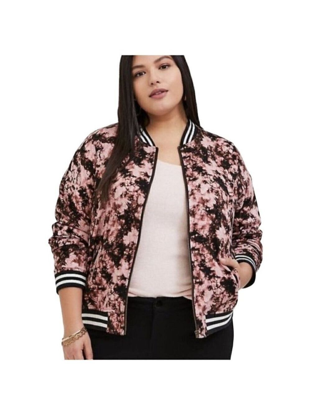 TORRID 12511380 Pink Black Tie Dye Zip Front Twill Fabric Bomber Jacket Size 3X